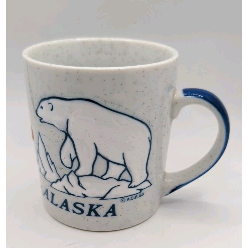 Vtg 1983 ALASKA Polar Bear Coffee MUG Cup Gray Blue White Embossed Souvenir GIFT